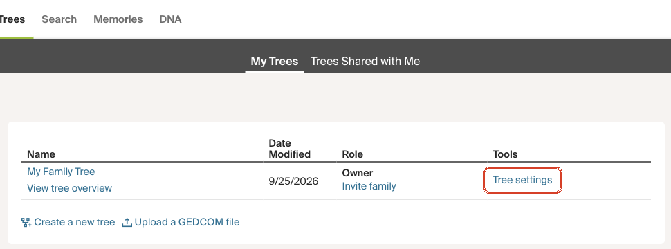 Ancestry My Trees list with Tree settings highlighted