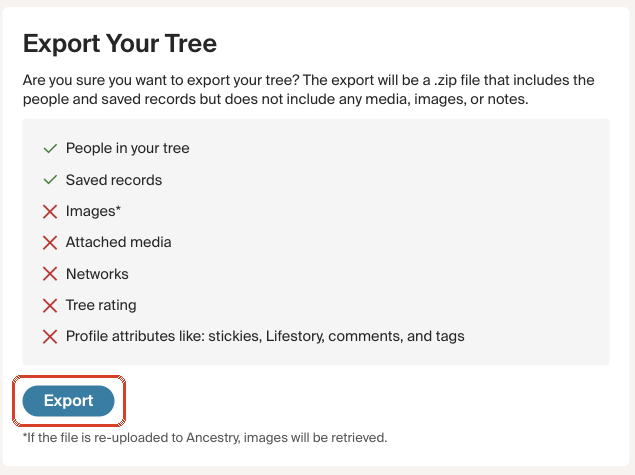 Export Your Tree dialog with the Export button highlighted
