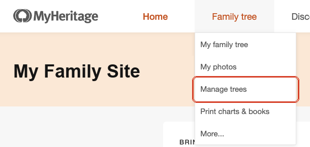 MyHeritage top menu with Family tree open and Manage trees highlighted